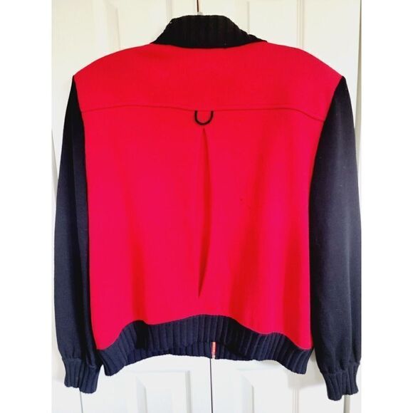 St. John Marie Gray L Red Knit Zip Up Cardigan Red Black Blazer Jacket *2 Holes* - Picture 2 of 10